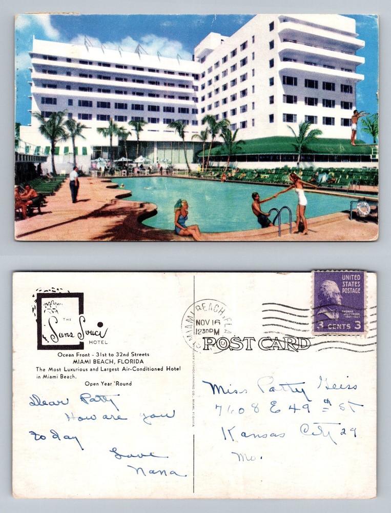 Miami Beach, FL-Florida, Sans Souci Hotel Pool Beauties Vintage c1953 Postcard