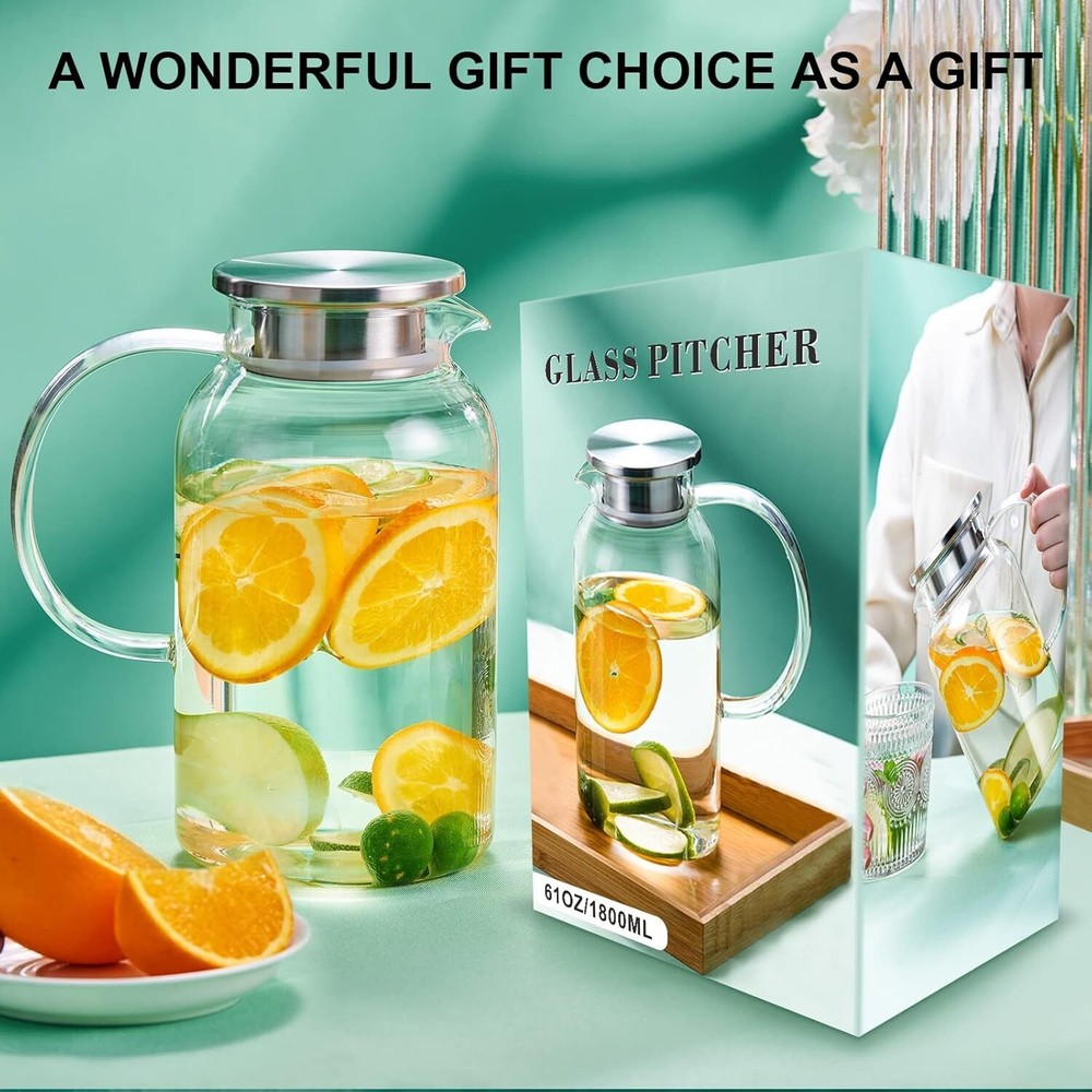 61oz Glass Pitcher with Lid & Handle for Coffee Juice Milk Tea
