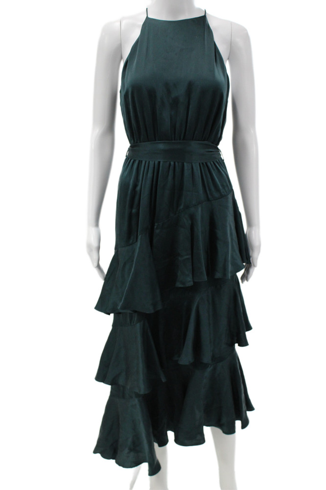 Zimmermann Women Green Cotton High Neck Sleeveless Maxi Dress Tie Waist Size 1Free Shipping in US $100+ Orders | $6.95 Orders Below