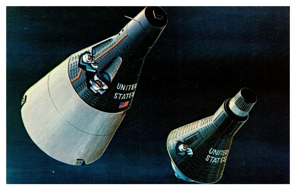 1963 Artist Painting Of Gemini & Mercury Spacecraft NASA Vintage Postcard