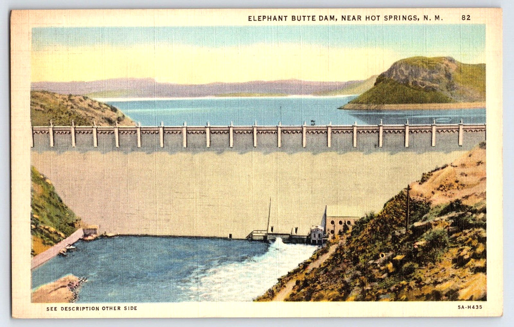 Hot Springs New Mexico Elephant Butte Dam On Rio Grande Vintage Linen Postcard