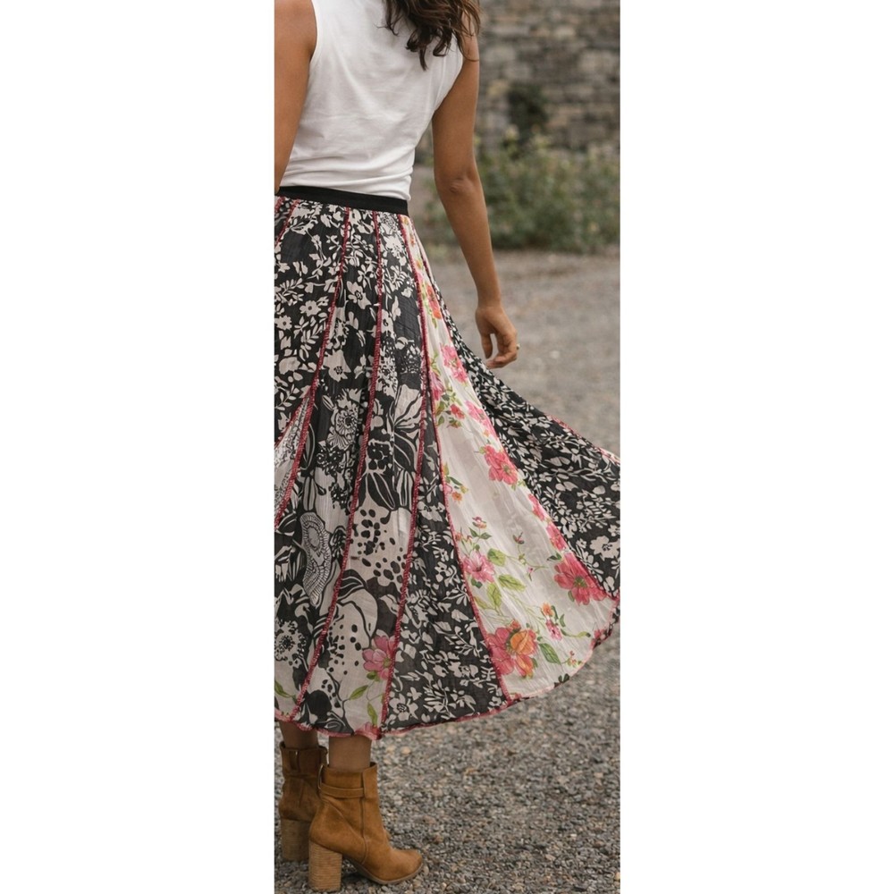 Boho Patchwork Sheer Midi Skirt S | Abstract Floral Panel Skirt | Artsy