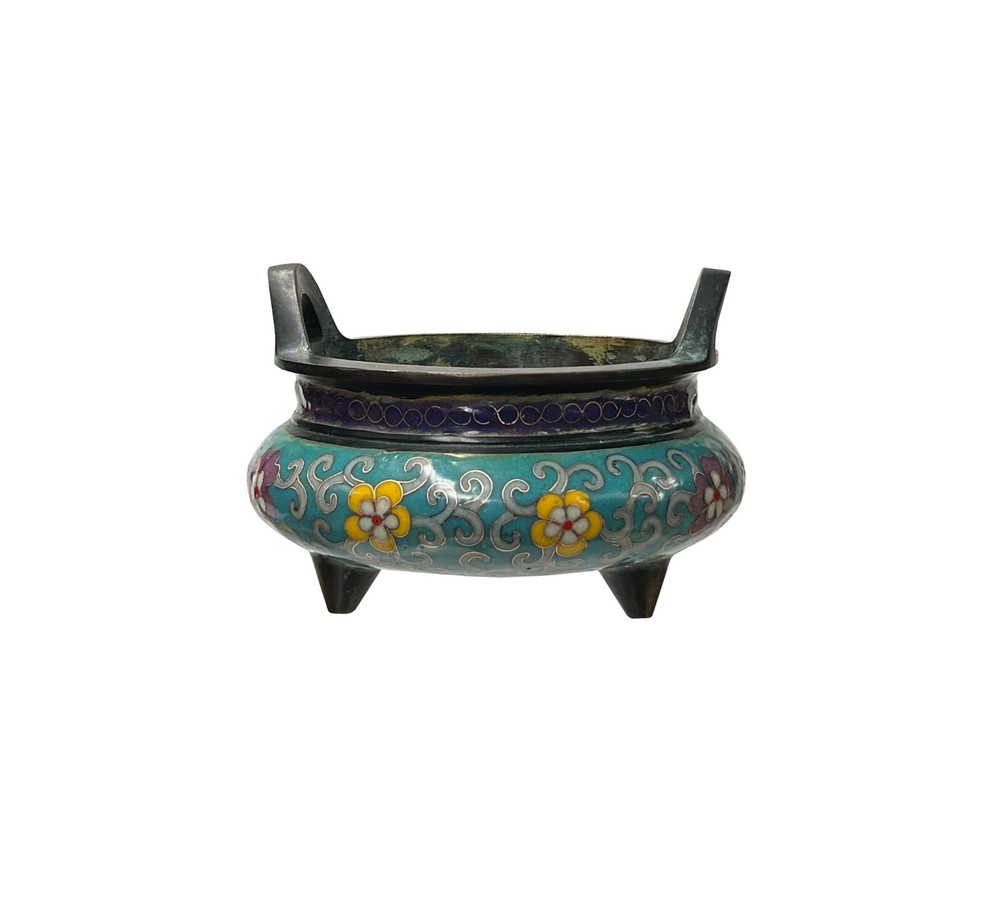 Vintage Chinese Cloisonne Enamel Metal Blue Yellow Incense Burner Art JK333