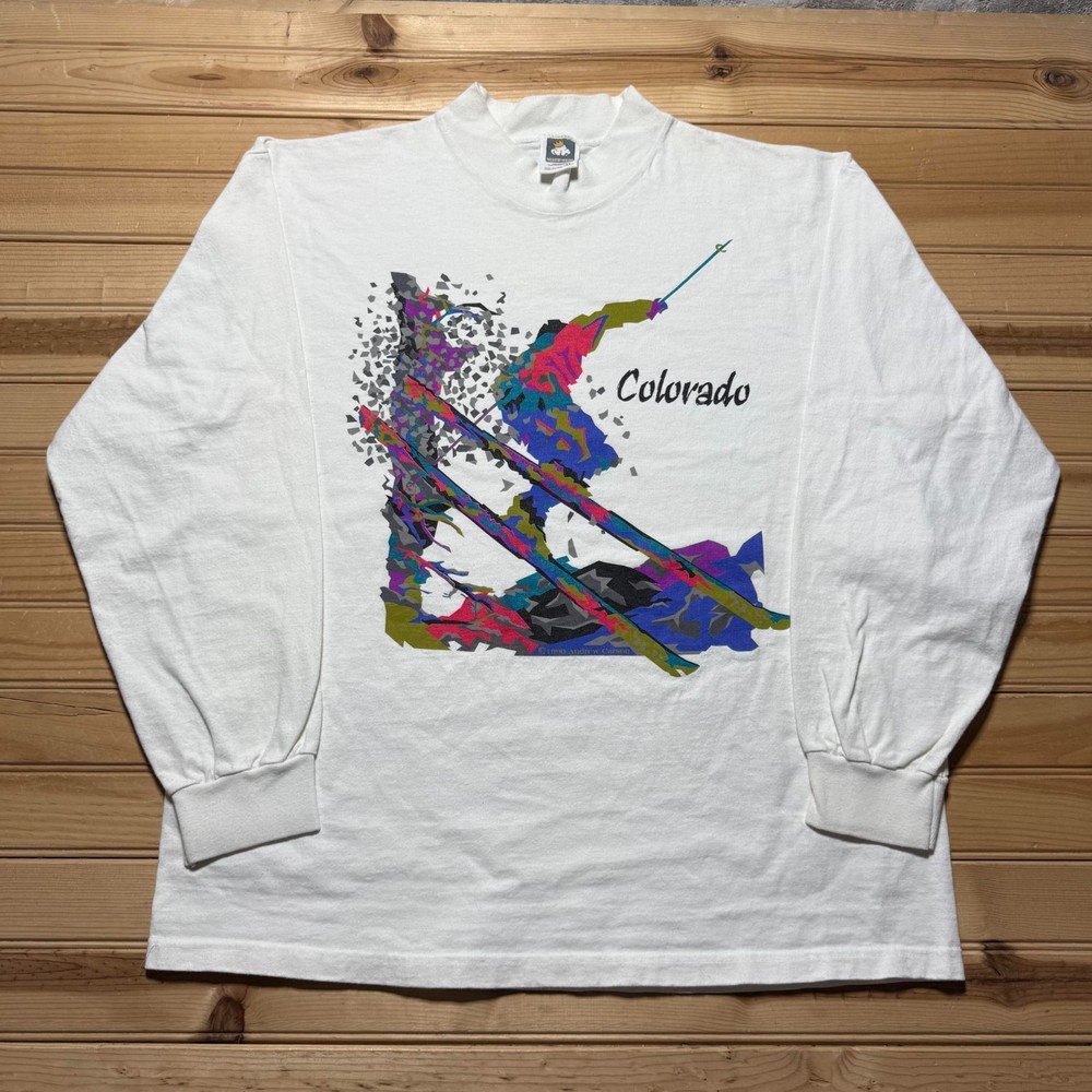 Vintage 1990 Colorado Skiing Abstract Graphic Souvenir Long Sleeve Shirt USA XL-image