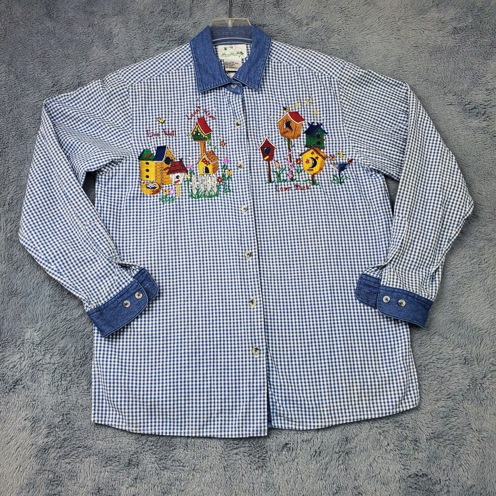 Quacker Factory Women's Bird House Embroidered Sz Small Gingham Button Up Shirt