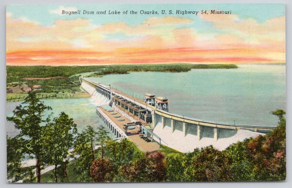 Bagnell Dam Lake of Ozarks Missouri Linen Postcard Vintage Curteich-Chicago