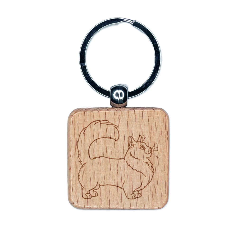 Fun-Loving Munchkin Cat Engraved Wood Square Keychain Tag Charm