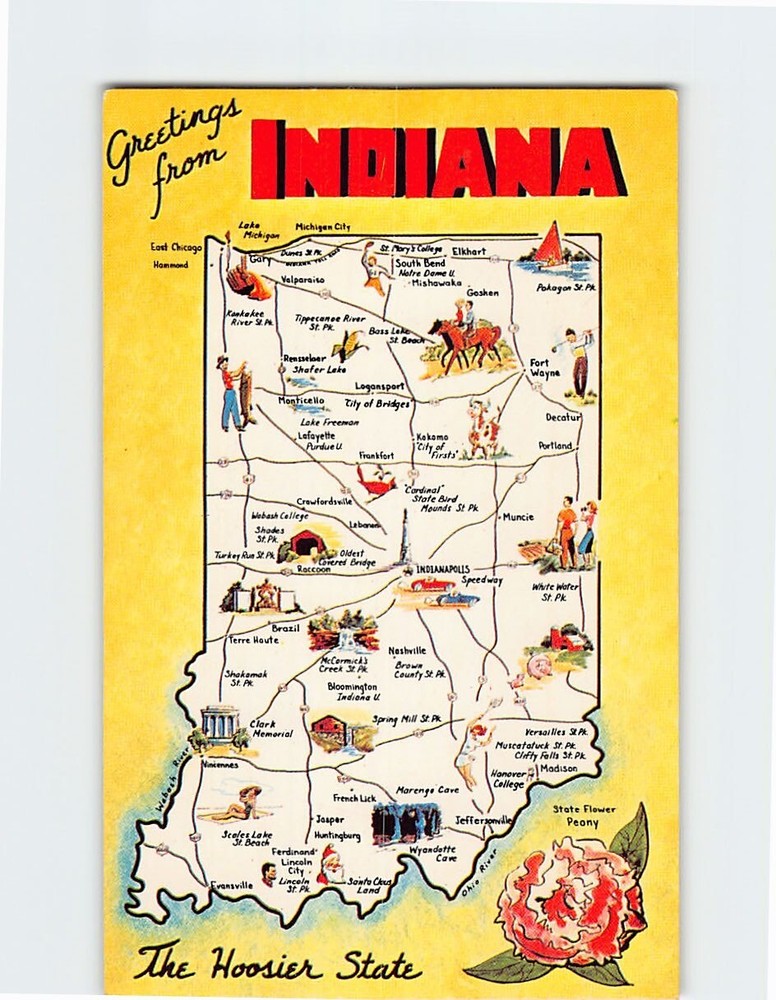 Postcard Greetings From Indiana Hoosier State  - Map