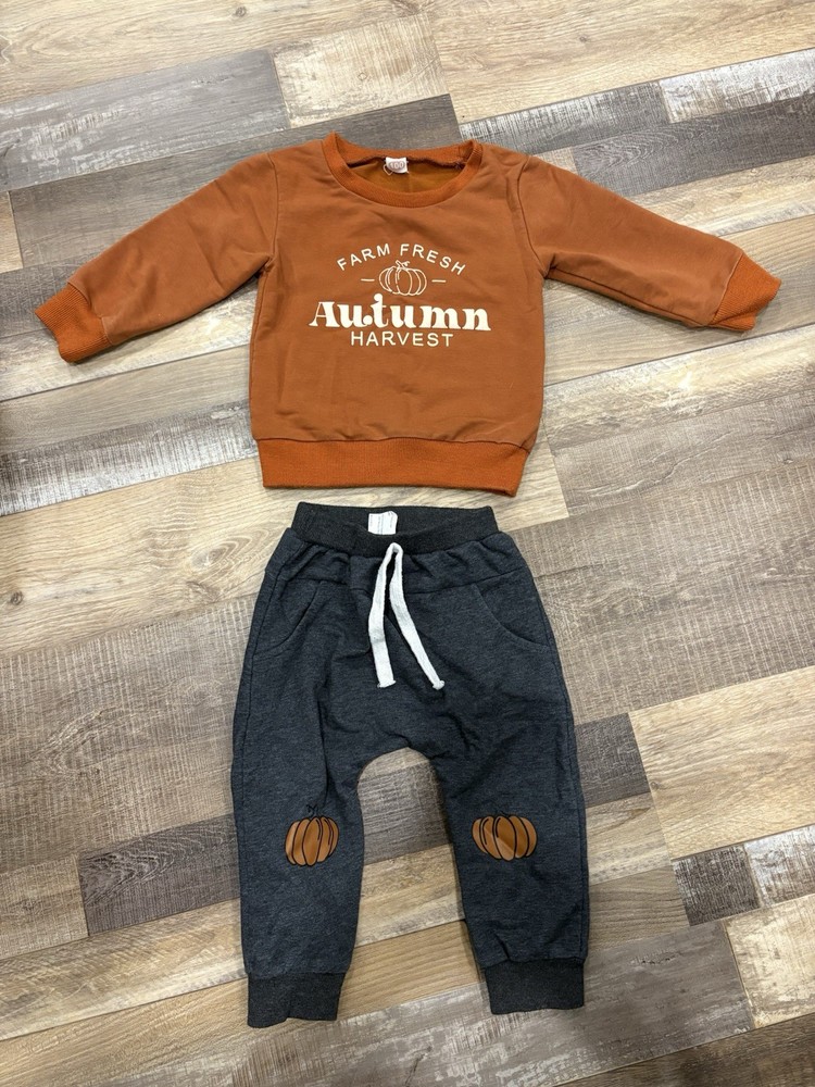 Autumn Harvest 12-18 Month Unisex Set Gray & Copper Orange Pumpkin Fall Outfit