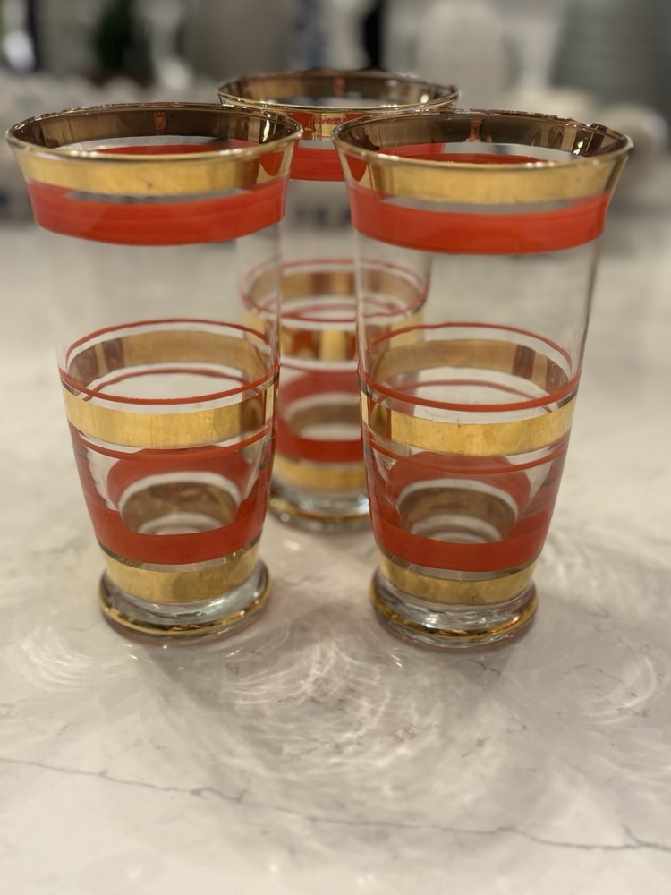 vintage red and gold Mid-Century Modern drinking glasses, Culver? Set of 3