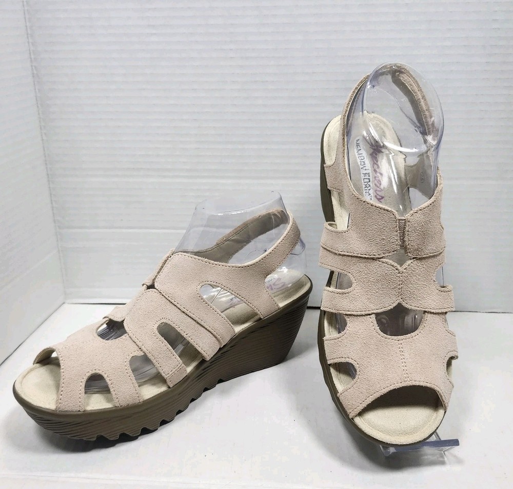 Skechers Slingback Suede Wedge Sandals Pale Pink Peep Toe Memory Foam Size 7.5