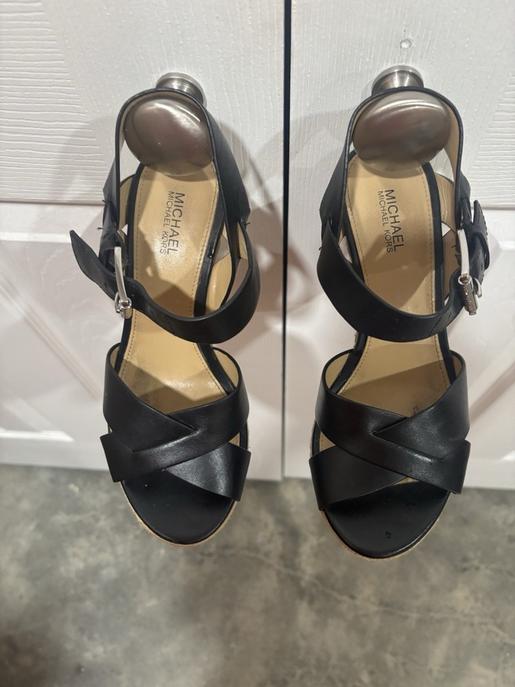 Michael Kors Women's Strappy Wedge Sandals Black Leather Size 6