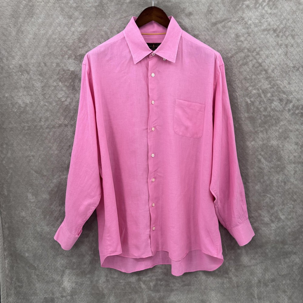 Robert Talbott Shirt Mens XL Pink Solid Linen Long Sleeve Button Front Classic