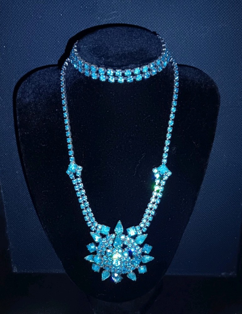 Vintage Aqua Blue Rhinestone Necklace  & Bracelet Set