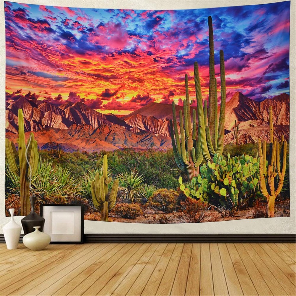 Desert Cactus Mountain Sunset Psychedelic Tropical Tapestry Wall Hanging