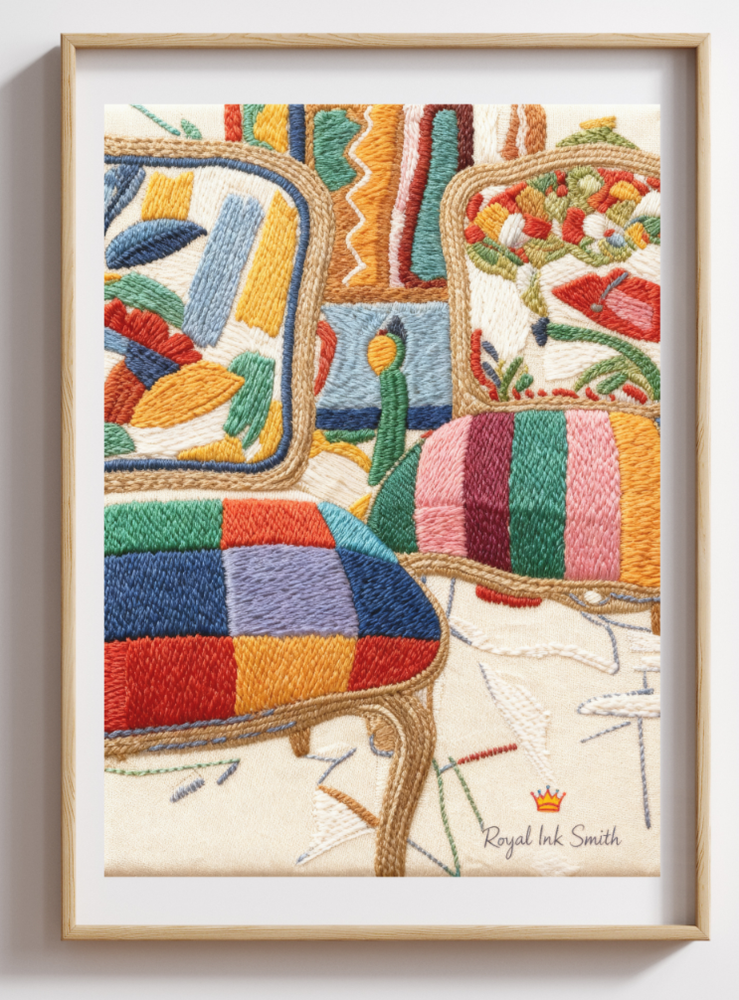 Classic Chair Colorful Embroidered Decor Wall Art Print on Canvas 3D