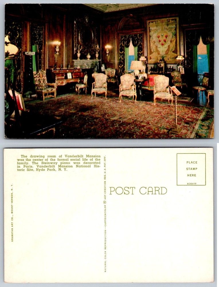 Vanderbilt Mansion Hyde Park NY Drawing Room Curteichcolor Postcard 1956