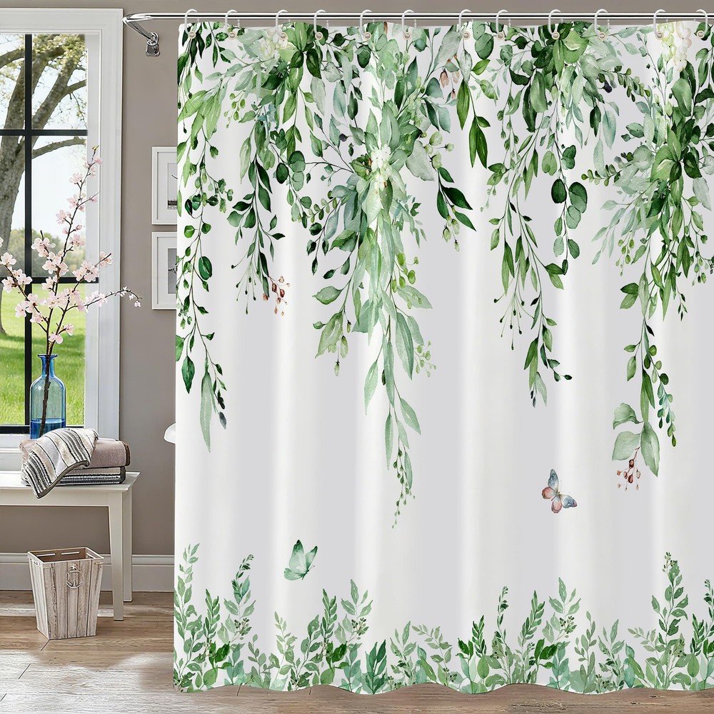 Eucalyptus Shower Curtain 72x72 Green Botanical Floral 120GSM Fabric 12 Hooks