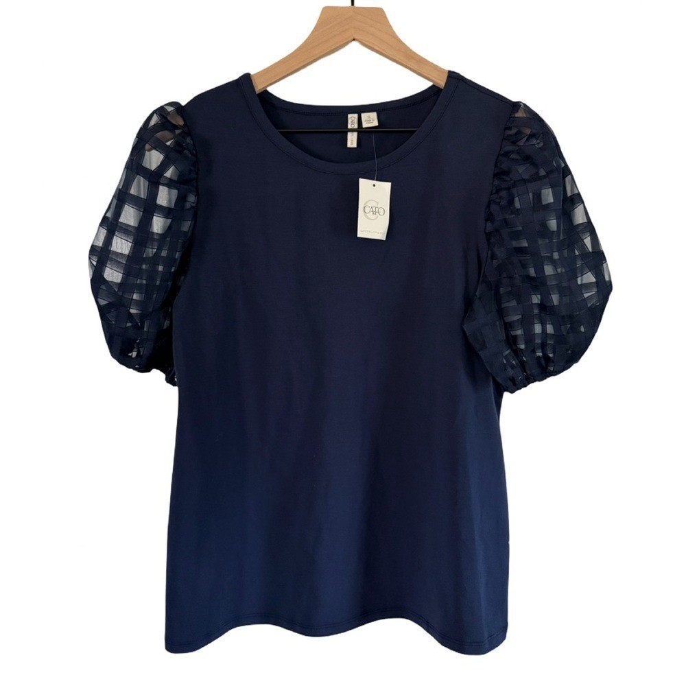 NWT Navy Puff Sleeve Top with Sheer Organza Sleeves | Size S