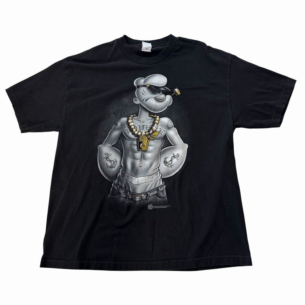 Popeye Mens Sz XL  Black Short Sleeve Tee Shirt Funny Rap Y2k Cartoon Gangster