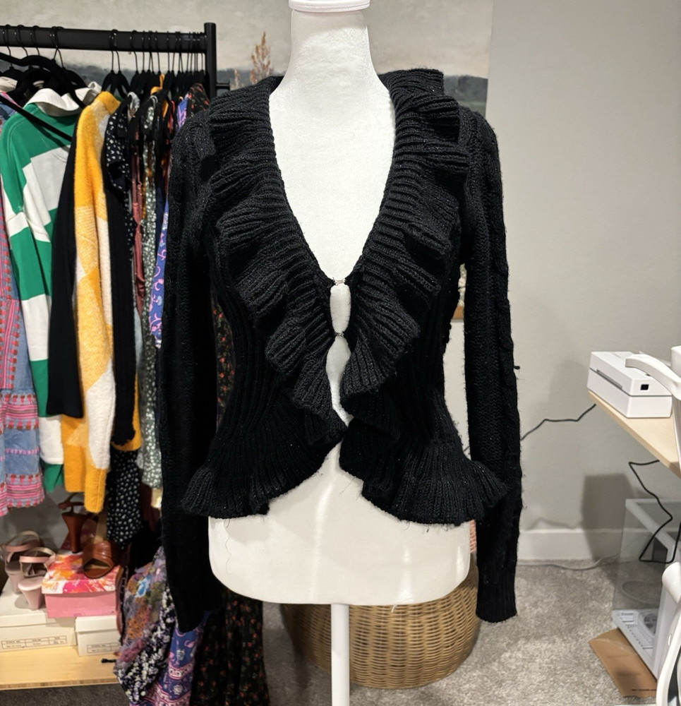 Elle Women's Black Solid Knit Cardigan Sweater Ruffle Open Front V-Neck XS
