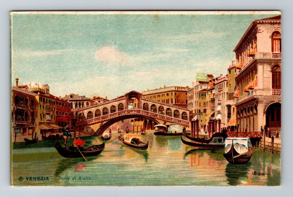 Italy- Venice Rialto Bridge Over Grand Canal Gondolas Old Post Vintage Postcard