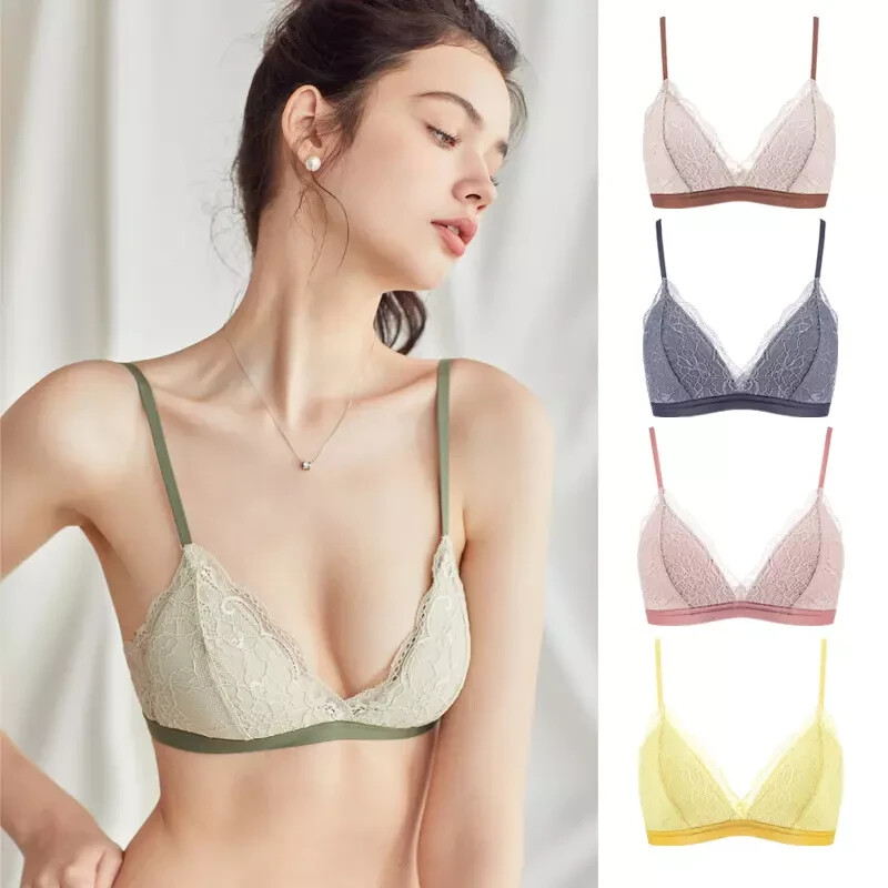 Women's Summer Thin Lace Small Chest Gather French Triangle Cup Underwear Set