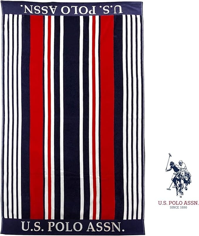 Us Polo Assn 100% Cotton Beach Towel 40x70 Blue Red White Stripes