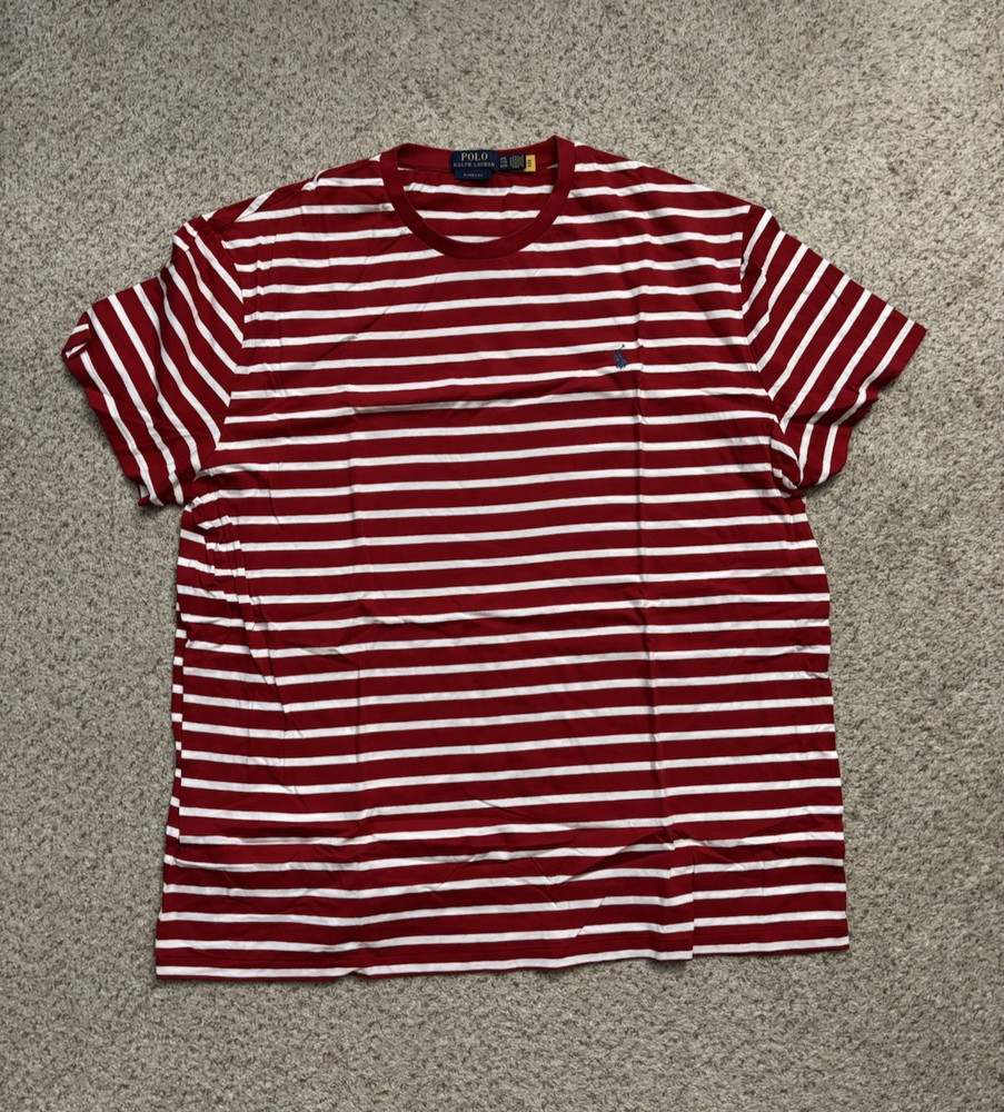 Polo Ralph Lauren Shirt Mens Size 2XL Red White Striped Classic Fit Short Sleeve