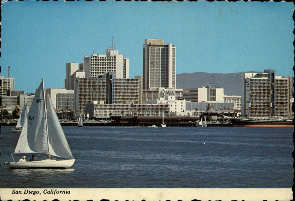 Skyline sailboat San Diego California ~ postcard sku467