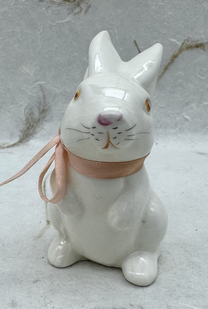 Vintage Takahashi White Rabbit Bunny Figurine Ceramic Pink Ribbon Art Pottery