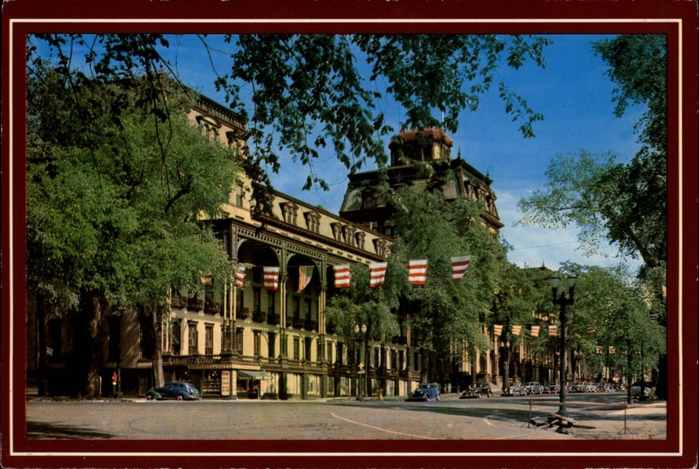 Grand Union Hotel Saratoga Springs New York flags vintage cars ~ postcard