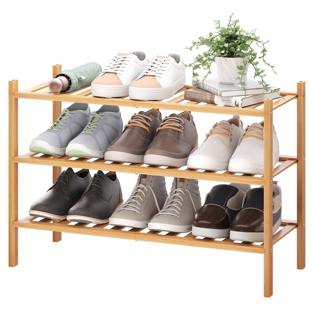 BMOSU 3-Tier Stackable Bamboo Shoe Rack Organizer for Closet or Entryway Storage