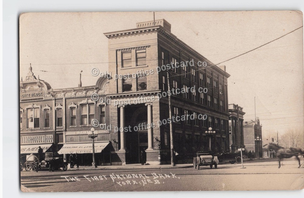 York, Nebraska-National Bank-Street Scene-Stores-1915-RPPC Real Photo Postcard