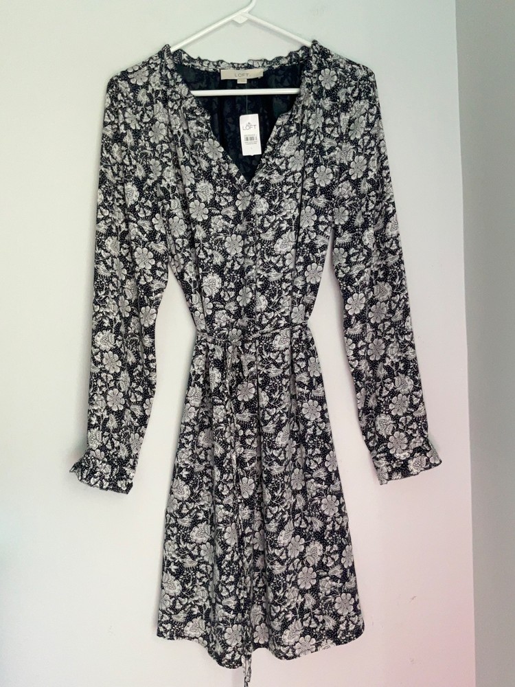Loft Blue White Floral Long Sleeve Sheath Dress W/ Waist Tie Size L NWT