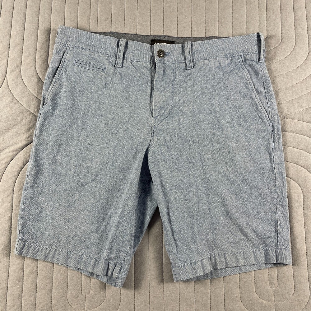 Express Chino Shorts Mens Size 34 Classic At The Knee 10” Inseam Stretch Blue