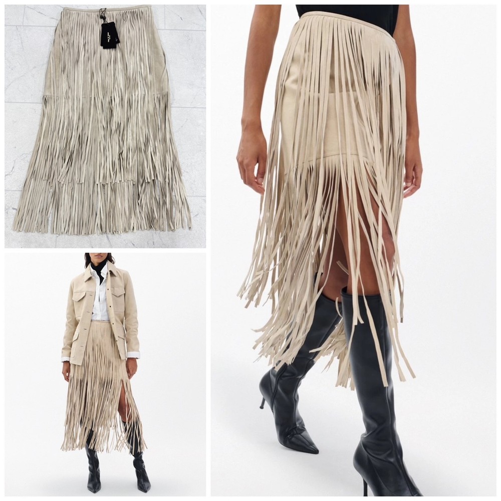 NWT $998 Rag & Bone Women's Jasmine Fringed Suede Skirt In Stone Size: 4