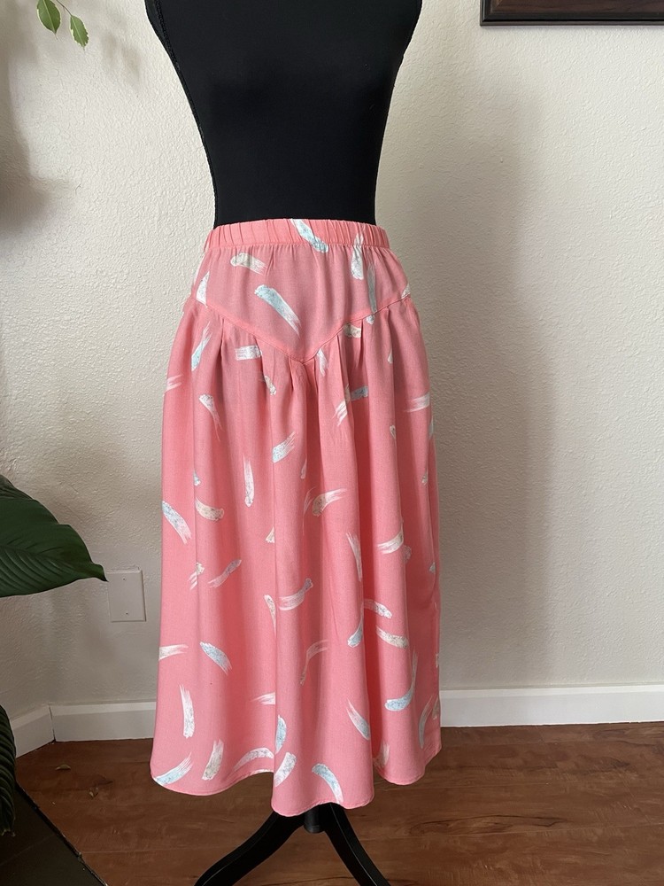 Vintage  Pink White Abstract Pleated Cotton Midi Skirt Elastic Waist Size L