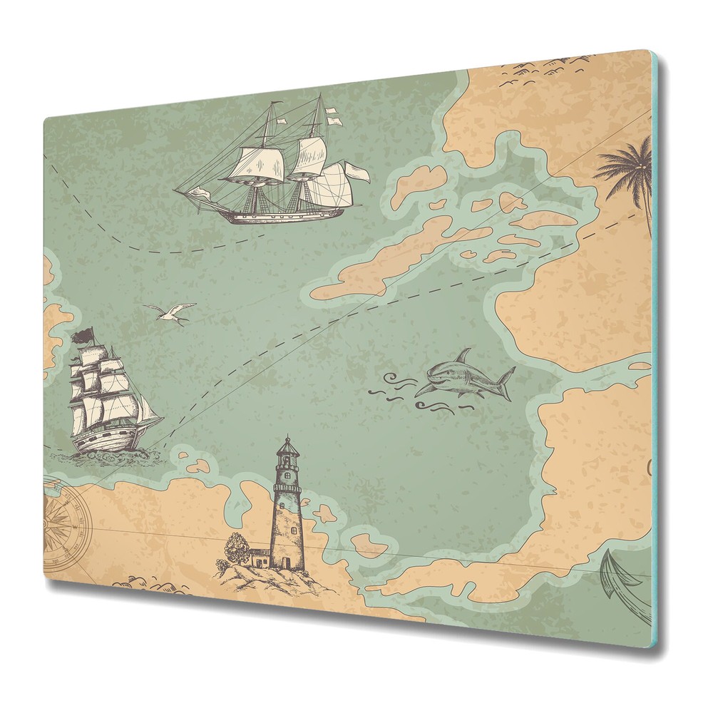Tempered Glass Worktop Saver Treasure Map Old Marine Continents Ocean World Map