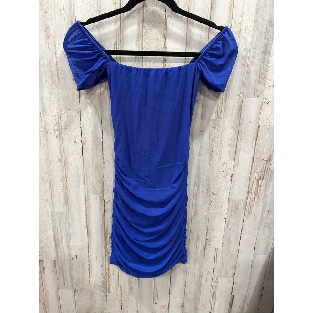 Lucy in the Sky Royal Blue Off-Shoulder Ruched Bodycon Mini Dress XS Party