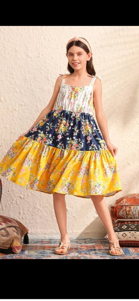 Tween Girl's Woven Flower Print Colorblock Spaghetti Strap Dress For Spring/Summ