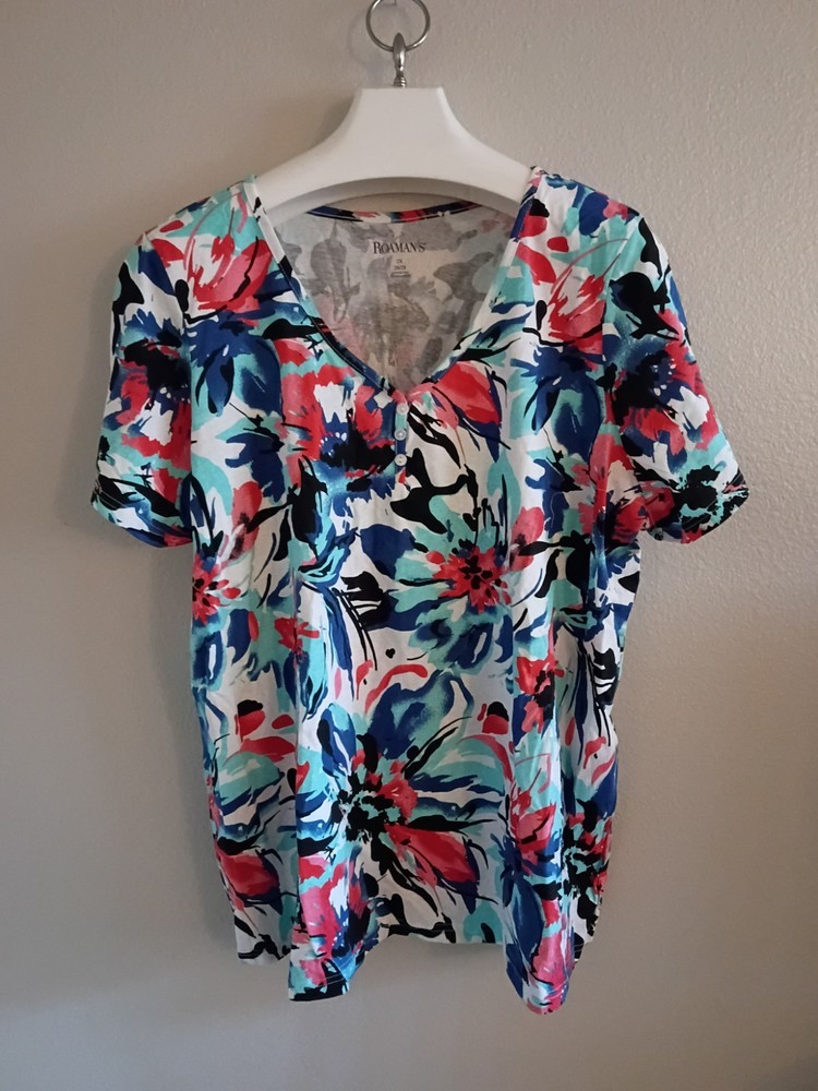 Roamans Plus Size 2X Floral Short Sleeve Blouse V Neck