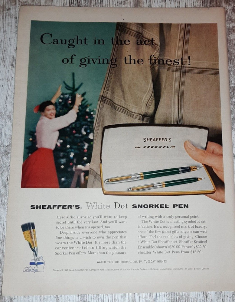 1956 Sheaffer's Vintage Print Ad Pen Snorkel White Dot Christmas Tree Gift Case
