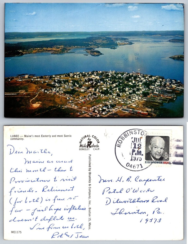 Lubec Maine Aerial View Postcard 1973 Posted Mike Roberts Natural Color