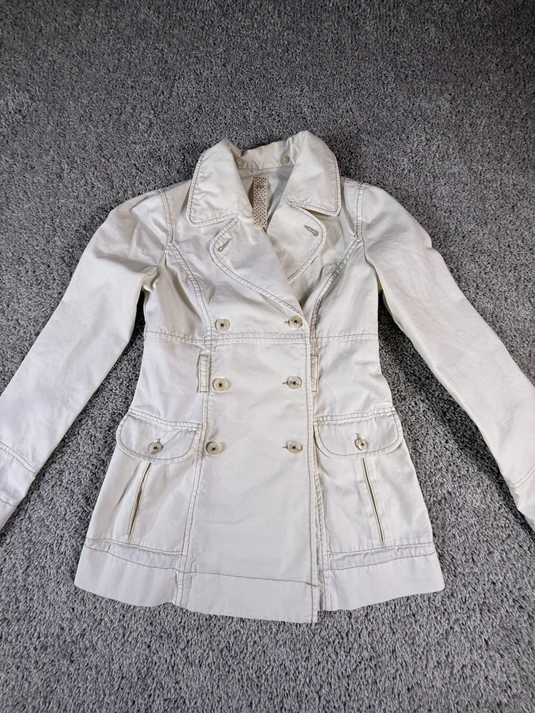 Free People Womens Double Breasted Jacket White Cotton Size 2 No Belt