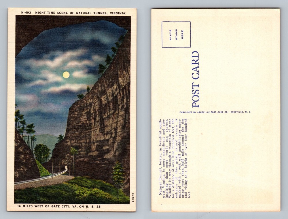 Gate City, VA-Virginia, Natural Tunnel Moonlight Scene Souvenir Vintage Postcard