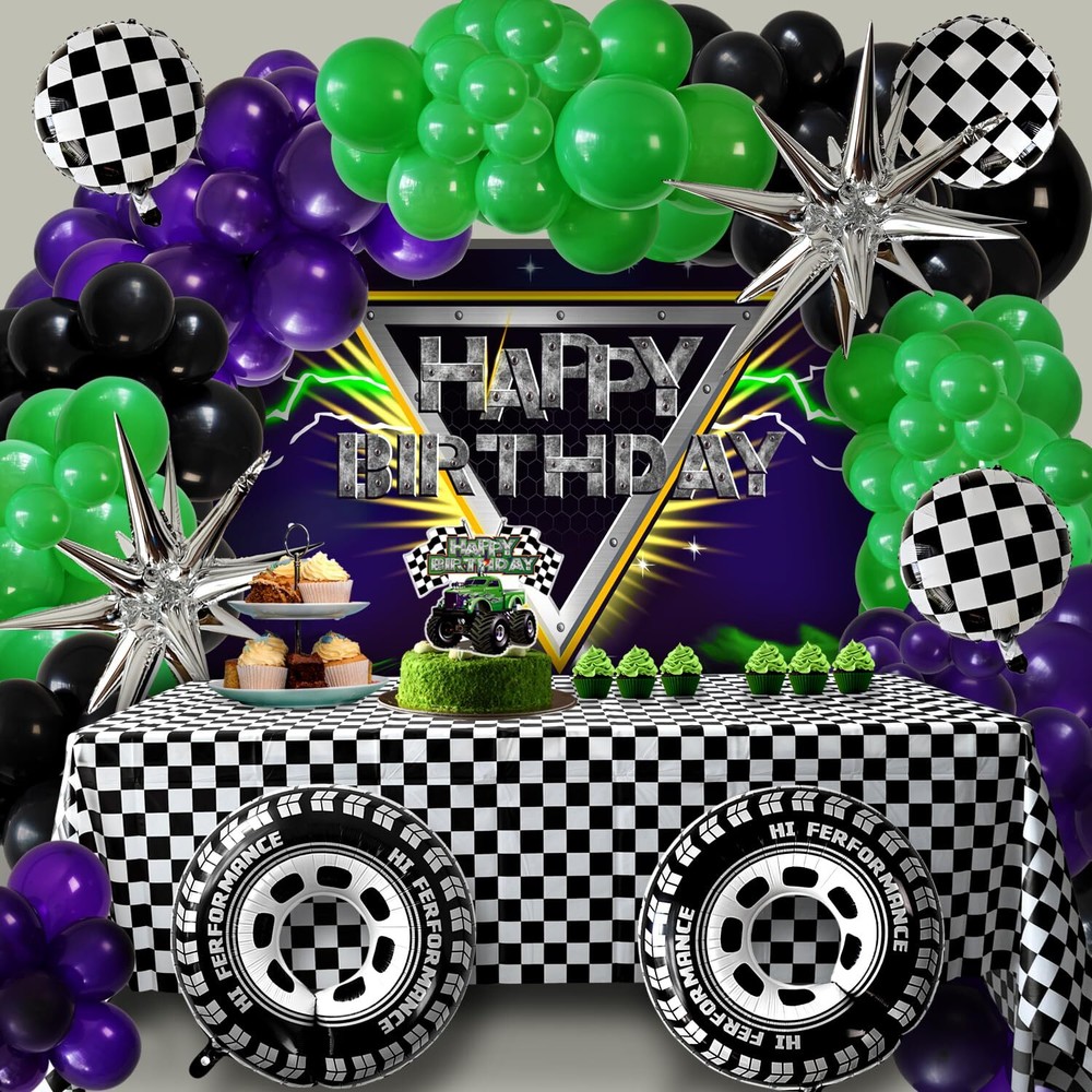 Monster Jam Decoracion De Cumpleaños Globos Morados Negros y Verdes Para Niños