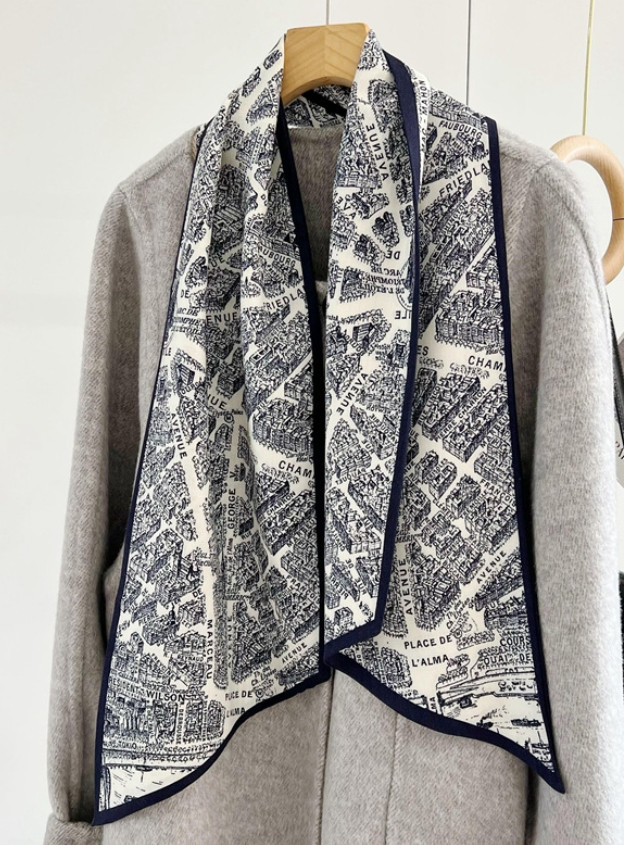 Luxury 60% Cashmere 40% Silk Paris Print Long Scarf 26x145cm