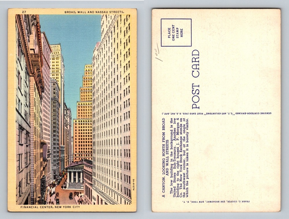 New York City NY, Broad Wall and Nassau Streets Financial Vintage Postcard