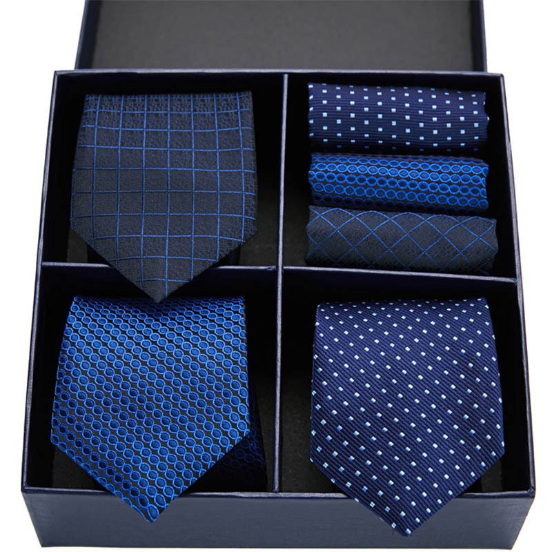 3 Necktie,3 Hanky blue men's tie satin woven plaid business work with gift box